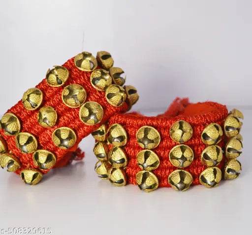 PRANCHI ARTWARE ® BRASS 3-LINE RED GHUNGROO PAD (30+30) ,brass dancing ghungroo 30 bells for each leg for Katthak Bharatnatyam Salangi Classical Nritya Ghungaru Brass Salangi 60 bells Katthak and Bharatnatyam dancing 3 Layer Ghungroo set Salangai Chilanka - NARIX INDIA 