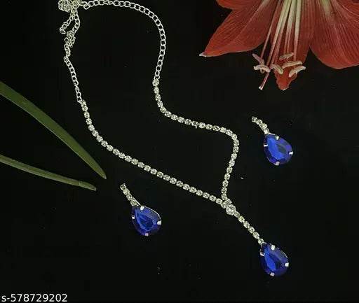 AD Silver Plated Adjustable Partywear Jewellery For Women with earing BLUE - NARIX INDIA 