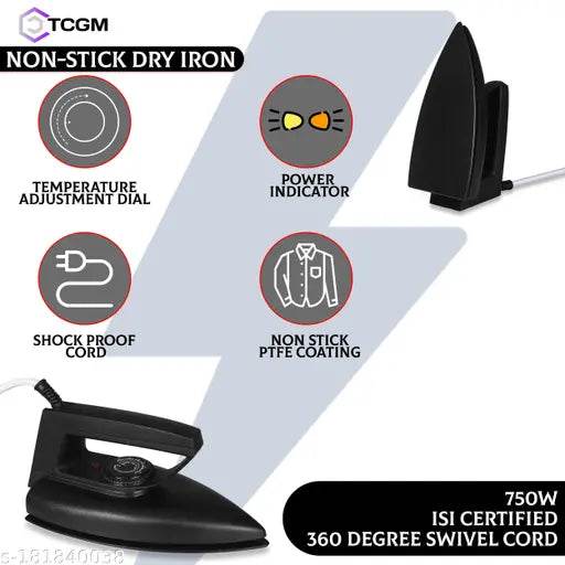 TCGM Coral Dry iron with indicator | Automatic Adjustable| Long Wire ( black) 750 W Dry Iron - NARIX INDIA 