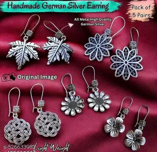 Handcrafted German Silver Earrings Combo - 5 Pairs for Every Occasion - NARIX INDIA 